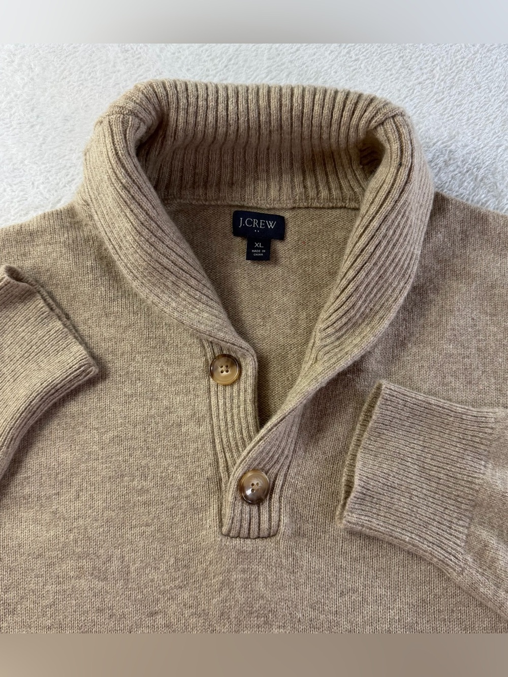 J.Crew XL Shawl Collar Lambswool Blend Sweater Tan Oatmeal Knit Mens